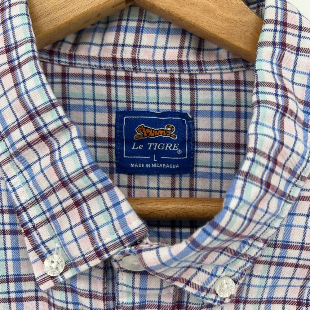 Le Tigre Men’s Long Sleeve Plaid Flannel Shirt Sz L Logo Blue Pink‎ Preppy Soft